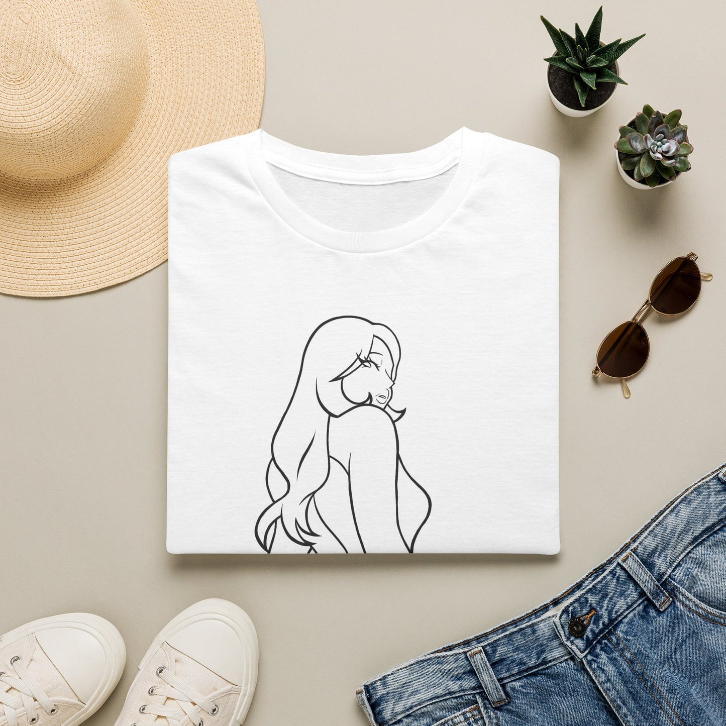 Minimal Line Art Woman T‑Shirt — Chic Feminine Outline Graphic Tee